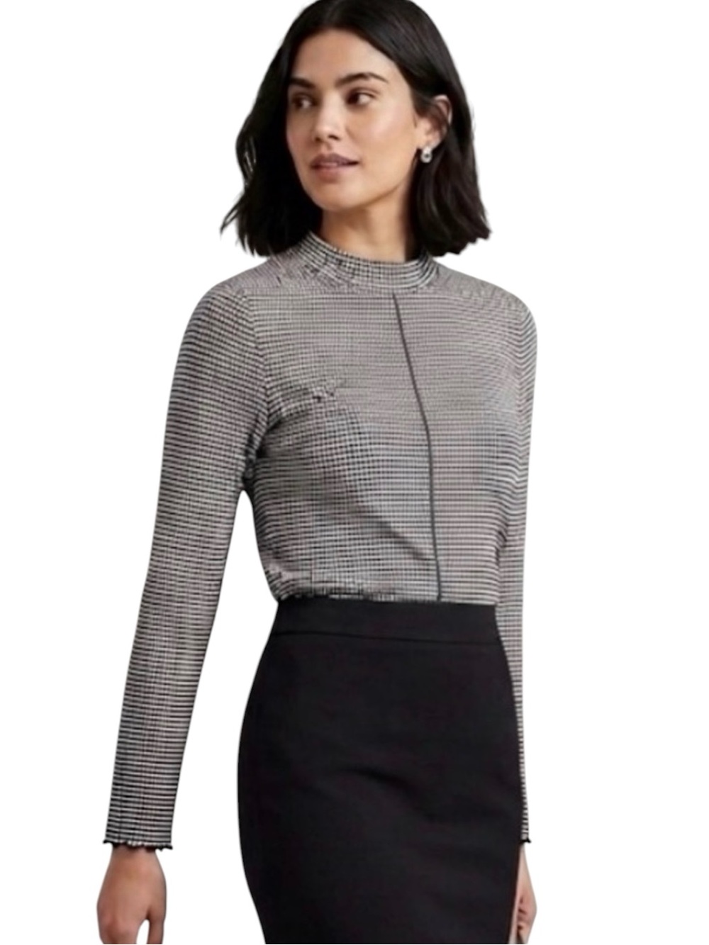Women’s Black White Dot Stripe Mock Neck Long Sleeve Top Layering Staple Casual